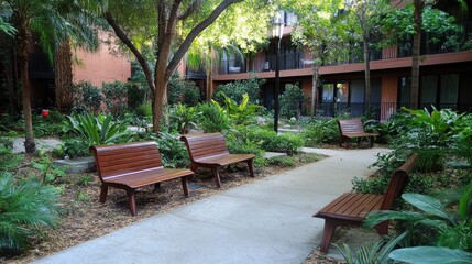 Obraz premium Outdoor garden lounge with wooden benches, fresh greenery, and a peaceful setting.