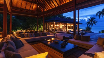 Refined contemporary villa living room with a neutral-toned sofa, designer table, and soft lighting.