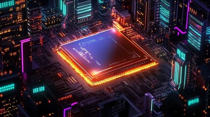 Fototapeta premium Futuristic microchip glowing in a vibrant cityscape at night