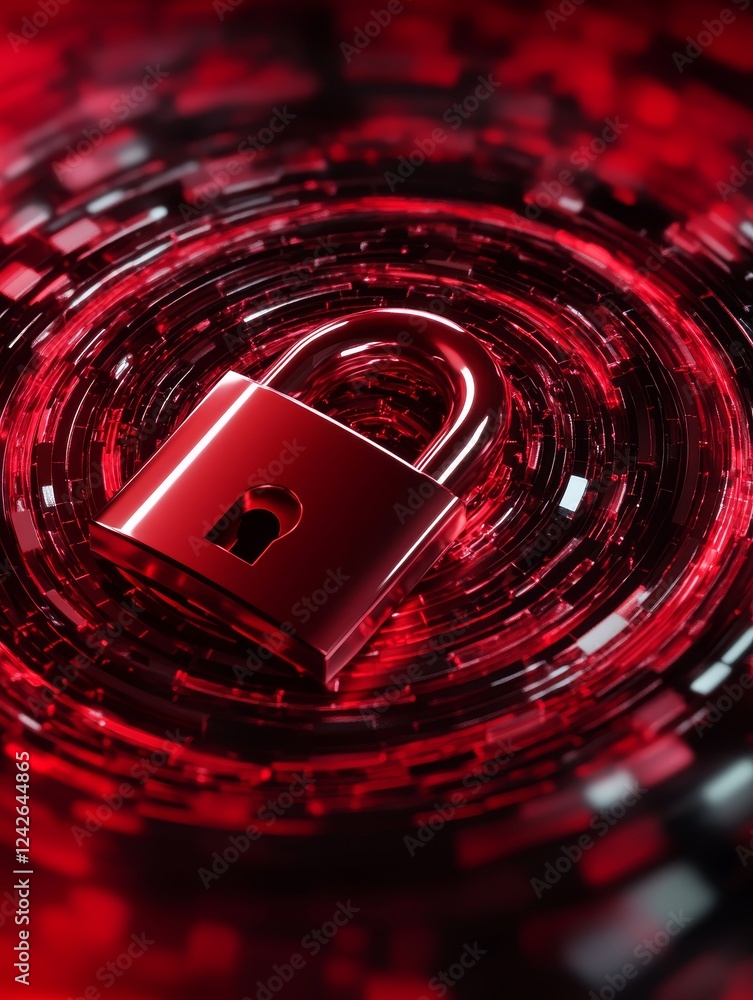 Poster secure digital lock - red metallic padlock on a swirling red digital background, symbolizing data se