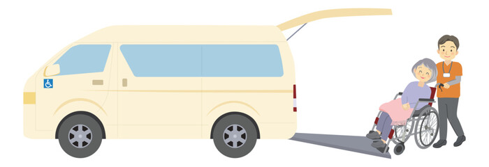 福祉車両と利用者の車椅子を押す介護スタッフのカットイラスト＿おばあさんと男性スタッフ
