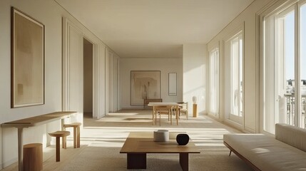 Fototapeta premium Scandinavian-inspired living room featuring minimalist furniture, soft textures, and warm natural light.