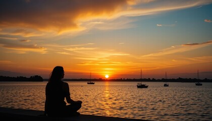 Fototapeta premium Silhouette photo of a woman relaxing and enjoying the sunset on the beach
