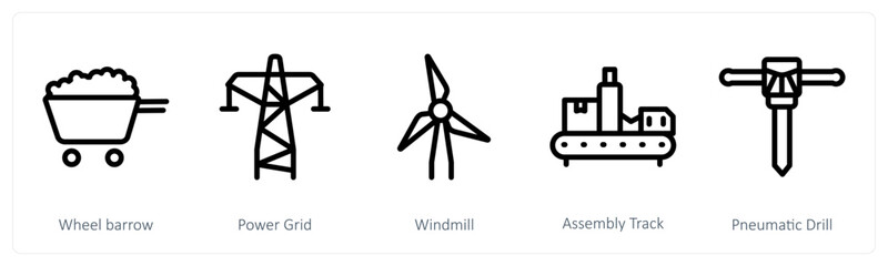 A set of 5 industry icons as wheel barrow, power grid, windmill