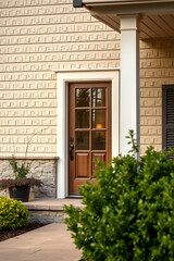 Elegant Home Entrance with Wooden Door and Stone Steps. Beautiful Exterior Design and Landscaping