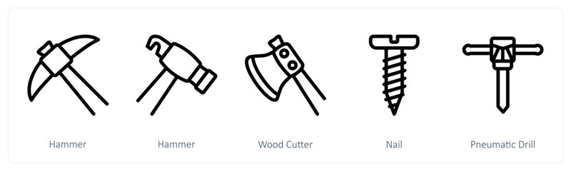 A set of 5 industry icons as hammer, wood cutter, nail