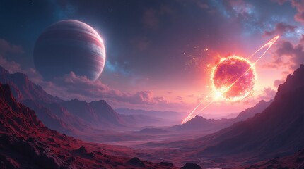  stunning alien landscape under a mesmerizing night sky. To the left, a large, gas giant planet looms