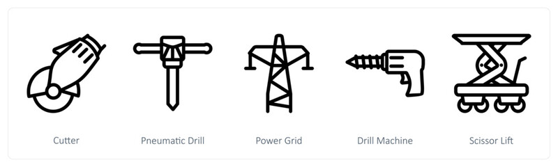 A set of 5 industry icons as cutter, pneumatic drill, power grid
