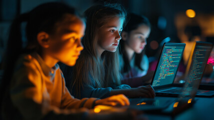 Obraz premium A modern image of young girls engaged in coding during a workshop, their faces lit by the glow of their laptops, their screen filled with lines of code