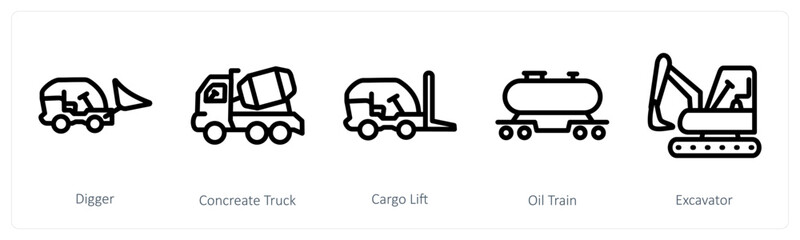 A set of 5 industry icons as digger, concrete truck, cargo lift