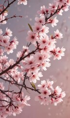 Obraz premium delicate cherry blossom branches with soft pink hues and intricate leaf shapes, cherry blossoms leafy branches, spring flowers, gentle pink blooms