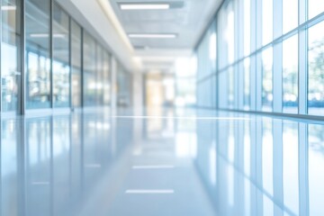 Modern office hallway, glass windows, sunlight, blurred background, corporate