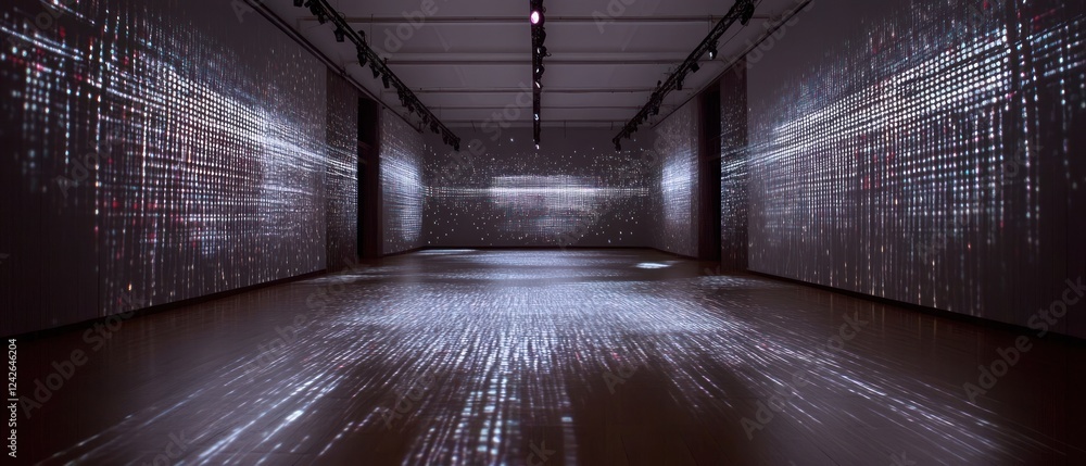 Poster modern art installation with dynamic light patterns in gallery