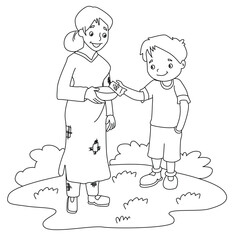 Cute cartoon hand drawn vector boy giving money to poor woman coloring page.