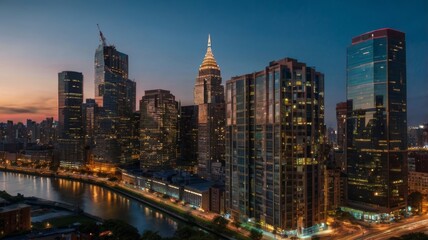 Twilight Cityscape: Modern Architecture and River Reflections