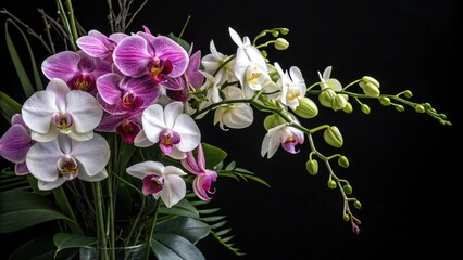 Obraz premium Delicate orchid flowers arranged in a lush bouquet on a dark black background creating a stunning visual effect, elegant, flowers, nature, sophisticated