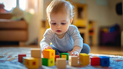 Baby playing with colorful wooden building blocks on a carpet