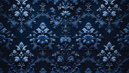 Luxurious dark blue damask wallpaper with floral detailing, perfect for sophisticated backgrounds, vintage decor, and elegant textile patterns.