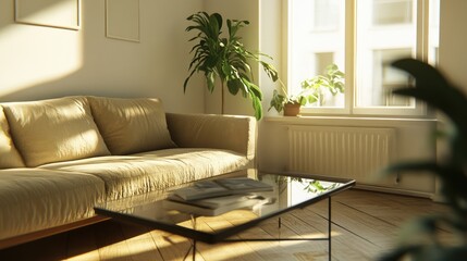 Stylish contemporary living room with a soft velvet sofa, glass-top coffee table, and elegant neutral-toned dcor in warm lighting.