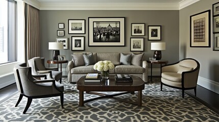 Stylish neutral-toned living room with a well-curated picture frame arrangement on the main wall.