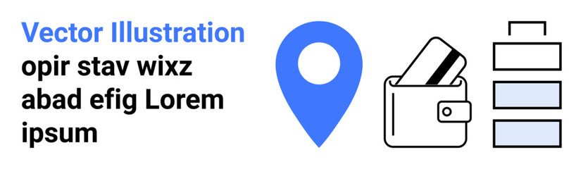 Vector icons of a blue geolocation pin, wallet with cards, and server rack. Ideal for tech, finance, navigation, data management, information security and web services themes. Landing page © robu_s