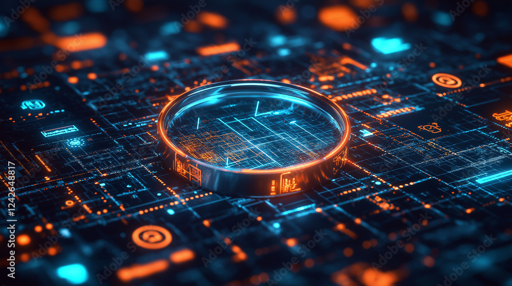 Poster abstract digital background with magnifying glass over motherboard and processor . generative ai