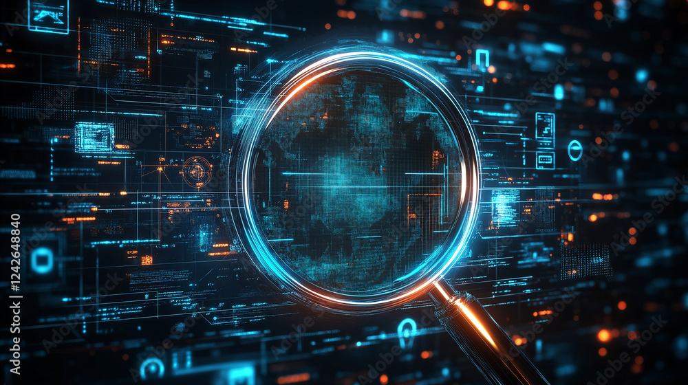 Poster abstract digital background with magnifying glass over motherboard and processor . generative ai
