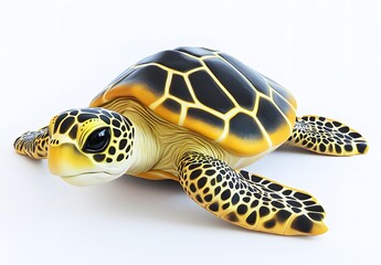 Obraz premium Adorable Cartoon Sea Turtle Crawling On White Background