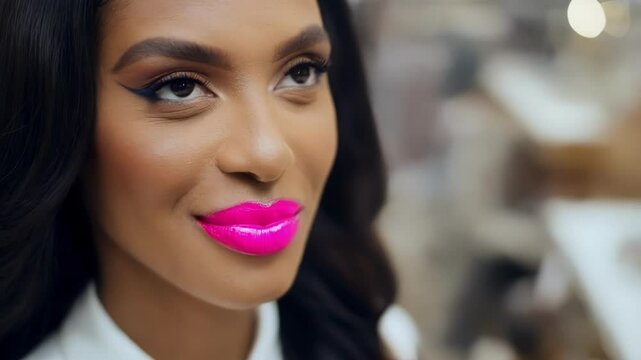 Glamorous beauty professional wearing vibrant pink lipstick, showcasing confident facial expression and elegant makeup artistry within professional studio setting