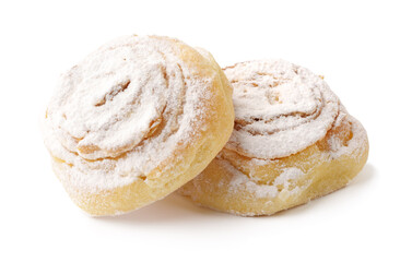 Delicious cinnamon rolls dusted with powdered sugar ready to be enjoyed with coffee or tea during a...