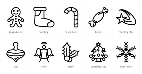 A set of 10 christmas icons as gingerbread, stocking, cancy cane
