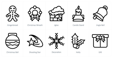 A set of 10 christmas icons as gingerbread, christmas wreath, candle stand