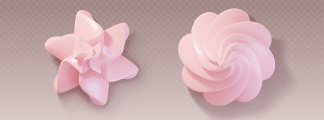 Pink whipped cream swirls set isolated on transparent background. Vector realistic illustration of 3d cake, pie, dessert or cupcake decoration, sweet vanilla mousse topping, creamy icing, top view