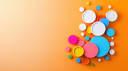 Colorful circular shapes in various sizes are arranged on vibrant orange background, creating playful and dynamic composition. circles are in shades of blue, pink, yellow, and white