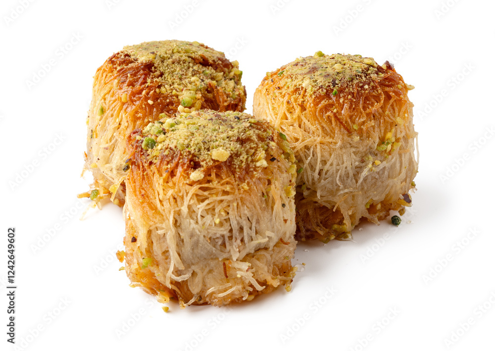 Poster delicious kunafa topped with nuts and sugar served on a plain background during dessert time