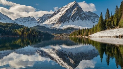 Serene Mountain Lake Reflection in Winter Wonderland