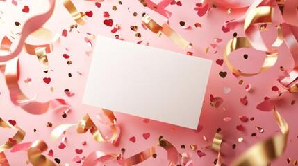Valentine mockup card and heart background minimal. Celebration Confetti Pink Background with Blank Card Space for Greetings Joyful Occasion Message.