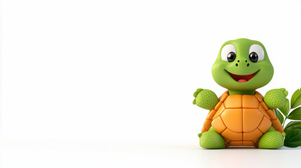 Fototapeta premium cheerful cartoon turtle with green shell and big eyes stands on white background, exuding playful and friendly vibe. turtle is accompanied by green leaves, adding touch of nature to scene