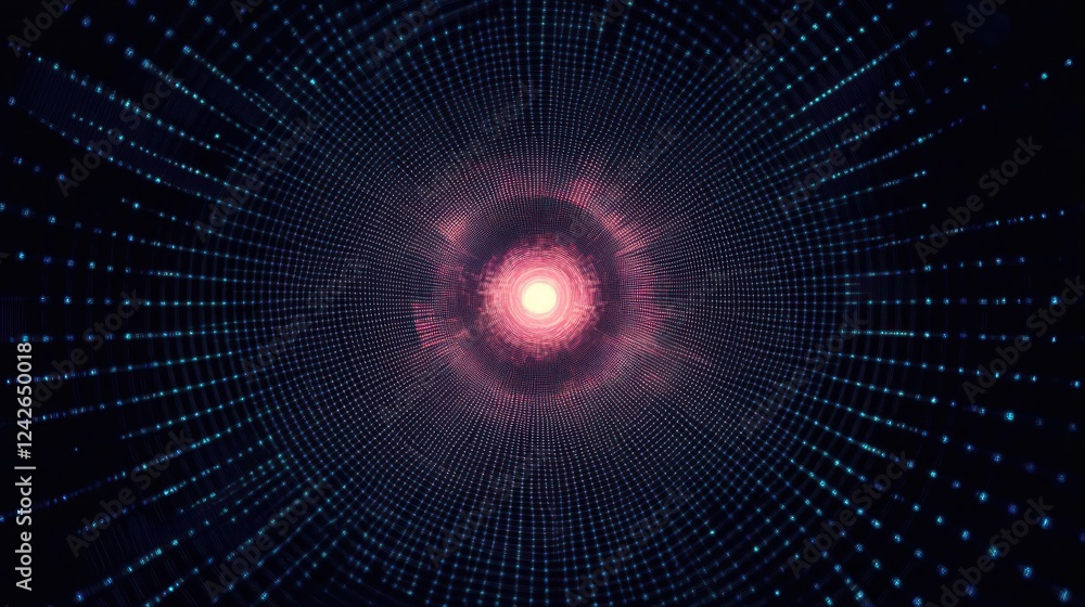 Poster abstract digital vortex with glowing center and particles
