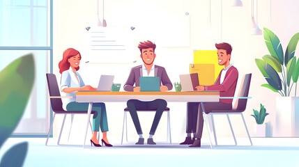 Friendly business meeting scene with four people sitting around a table, two women in colorful clothing and two men in formal attire, engaging in conversation in a modern - decorated room with artwork