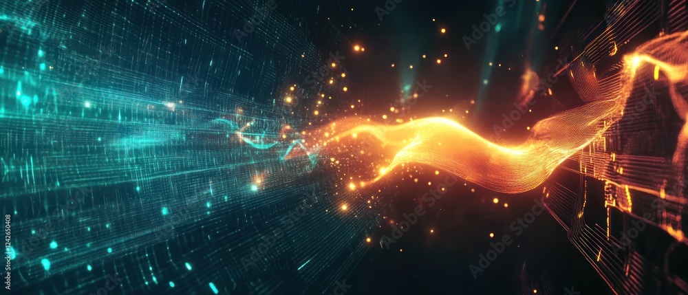 Poster abstract digital flow of light and data in a futuristic setting