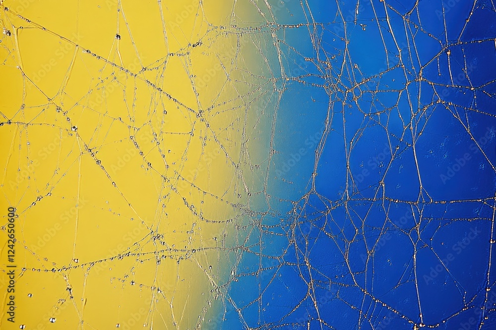 Poster abstract image of a spiderweb with dew drops on a yellow and blue background.