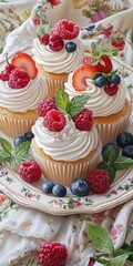 Delightful cupcakes adorned with fluffy whipped cream frosting, creating a warm and inviting dessert scene.