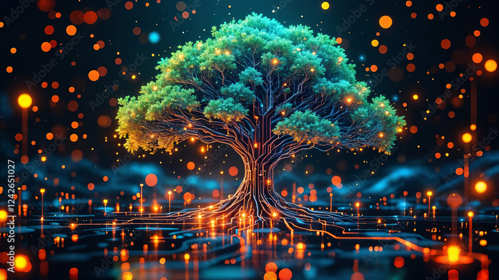 Poster digital tree with circuit lines  . Generative AI
