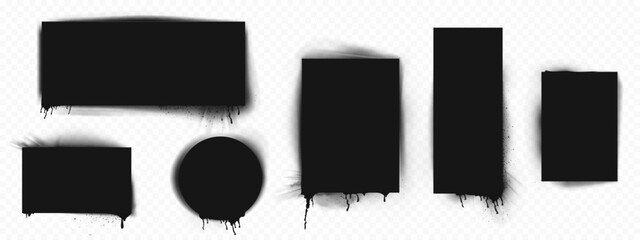 Spray stencil frames with dripping black paint on transparent background. Geometric shapes with ink splatter, grunge drops and gradient edges. Realistic street art elements for urban graffiti design.