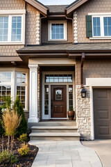 Luxury House Exterior: Dream Home Entrance with Stonework and Landscaping