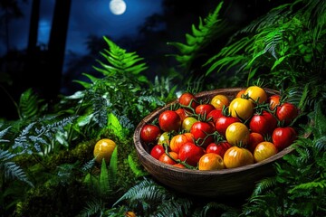 A wooden bowl overflowing with ripe red and yellow cherry tomatoes sits nestled amongst lush ferns under a moonlit night.
