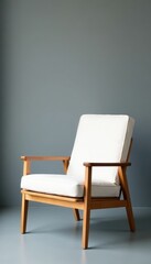 White upholstered chair on wooden frame, grey backdrop , wood, upholstered chair, image