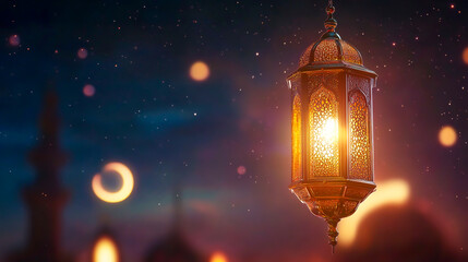 Realistic ramadan background with mosque moon stars lantern and bokeh
