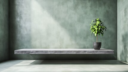 Plant on shelf, green wall, sunlit room, interior design